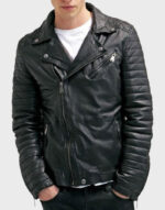 men black waxed sheepskin leather biker jacket3