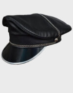 muir biker silver peaked cap with chain black genuine leather hat