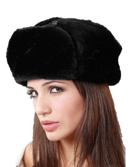Women's Black Leather Sheepskin Russian Trapper Hat