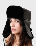 womens black leather sheepskin russian trapper hat